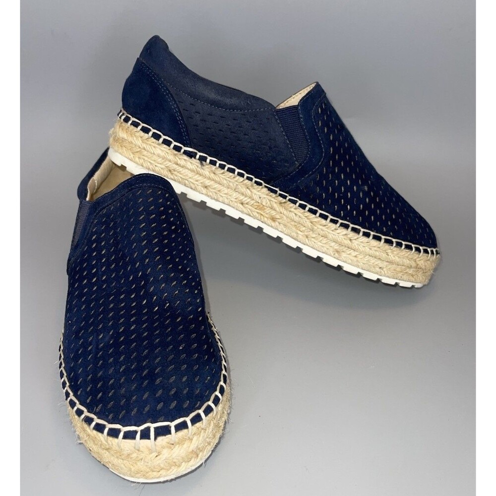 Marc Fisher Mania Espadrille Slip On Shoes Women 7.5 Navy Laser Cut Boho Comfort